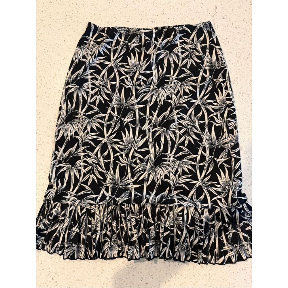 BCBG Black and White Botanical Print Midi Skirt with Ruffle Hem S